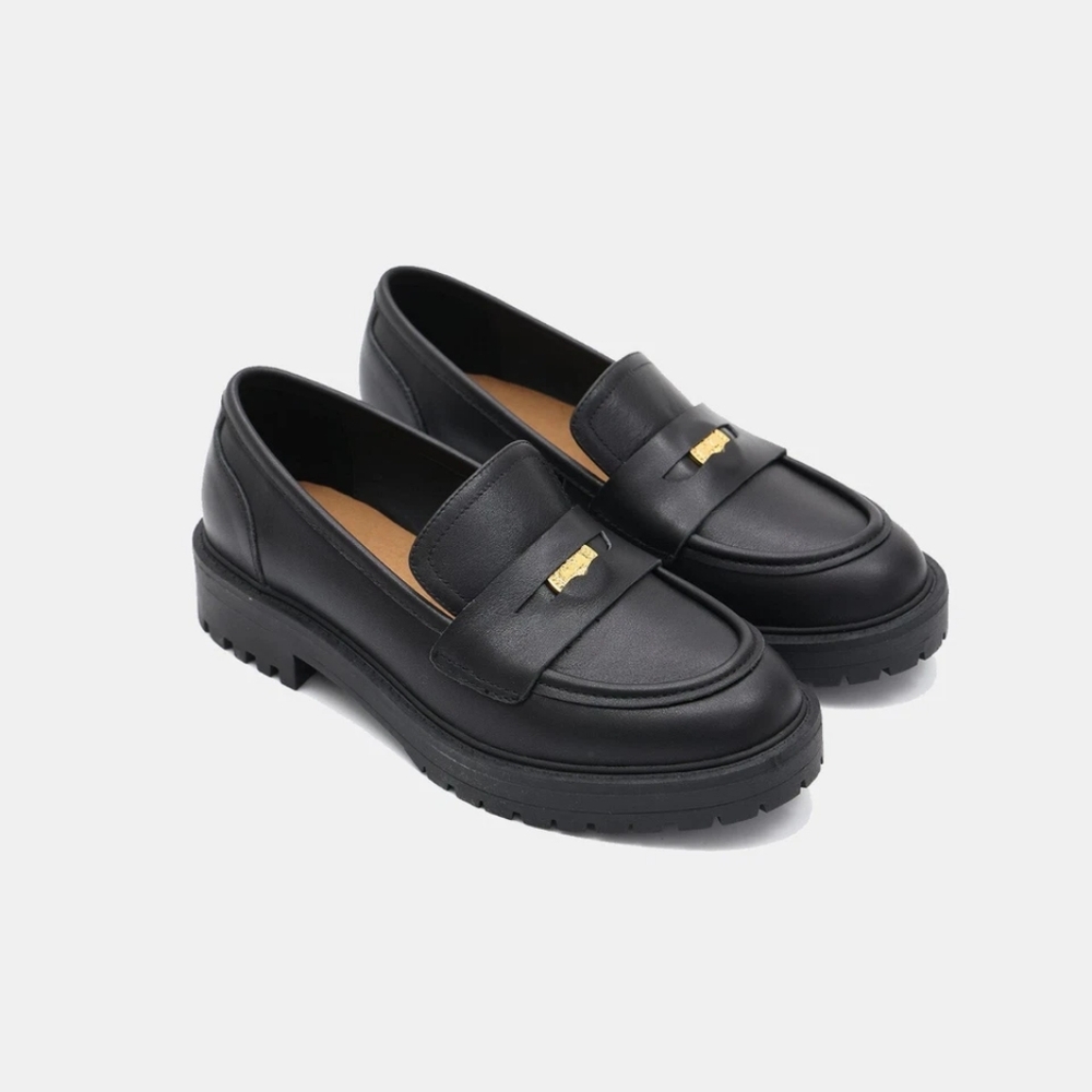 Black Leather Chunky Penny Loafers